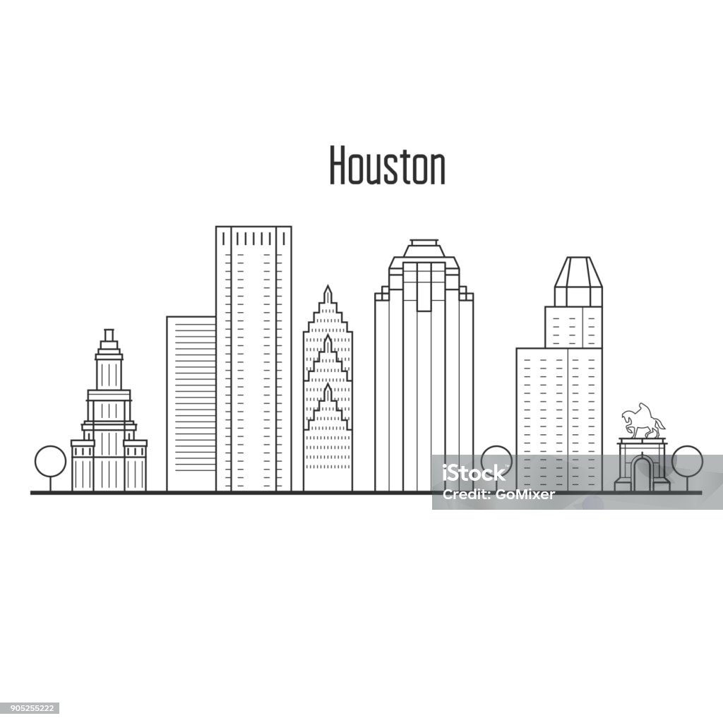 Houston skyline - downtown cityscape, city landmarks in liner style Urban Skyline stock vector