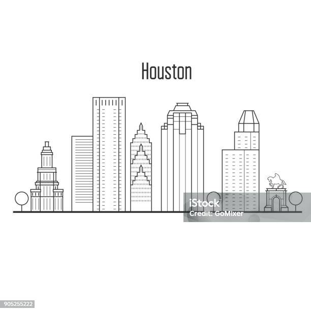 Houston Skyline Downtown Cityscape City Landmarks In Liner Style Stock Illustration - Download Image Now