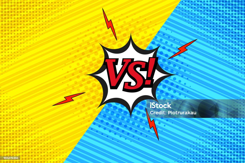 Comic vs template Comic vs template with two opposite sides, lightnings, halftone and slanted lines humor effects on blue and yellow backgrounds. Vector illustration Abstract stock vector