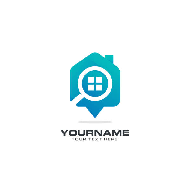 Search home pointer Home pointer and search icon in blue colorful style. real estate logos stock illustrations