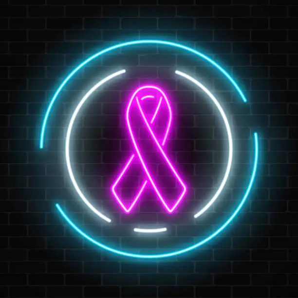 Vector illustration of Neon cancer pink ribbon glowing sign on a dark brick wall background. Cancer awareness month symbol.