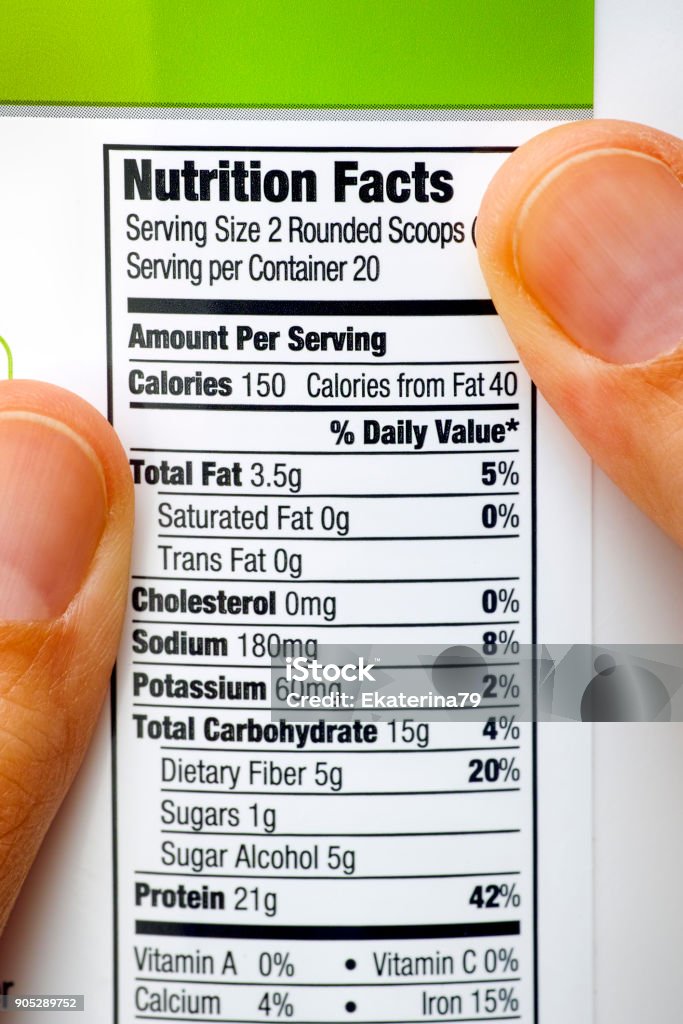 Person fingers on protein jar. Reading nutrition facts. Person fingers on protein jar. Reading nutrition facts.  Close-up. Nutrition Label Stock Photo