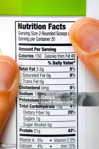 Person Fingers On Protein Jar Reading Nutrition Facts Stock Photo - Download Image Now