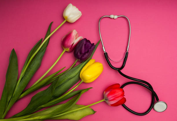 istock Multicolored tulips on a pink background. 905289816