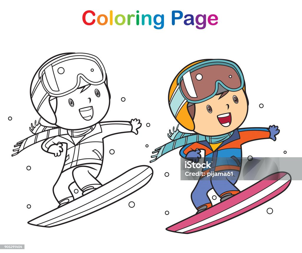 Coloring book: Boy snowboarding Vector Coloring book: Boy snowboarding Skiing stock vector