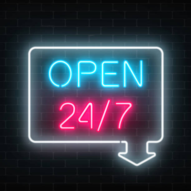 istock Neon open 24 hours 7 days a week sign in geometric shape with arrow on a brick wall background. 905292316