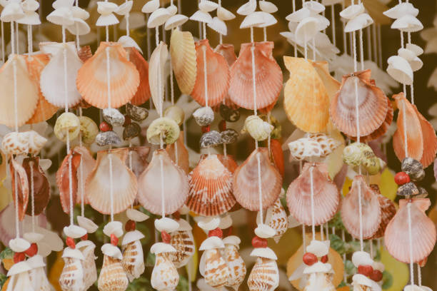 istock Vintage mobile made from variety seashells for background, Beautiful seashell mobile hanging in the shop for sale. Handicrafts produced by the shell wall, souvenirs from the seaside. 905292524