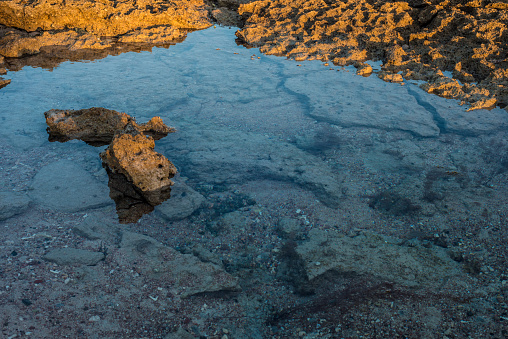 Puddles on the surface of the reef at low tide in the evening.