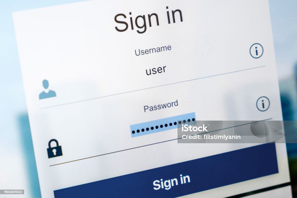 Login screen. Username and password in Internet browser on computer screen Password Stock Photo