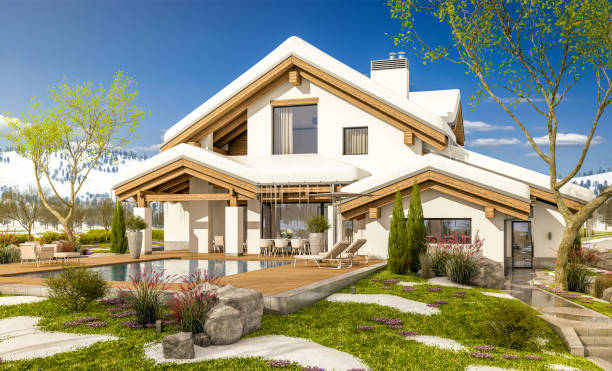 istock 3d rendering of spring modern cozy house in chalet style 905301424