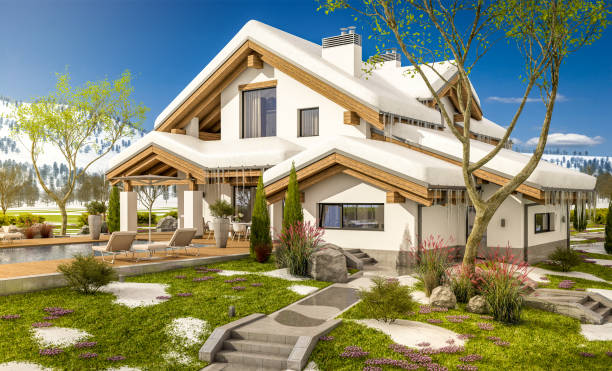 istock 3d rendering of spring modern cozy house in chalet style 905303640