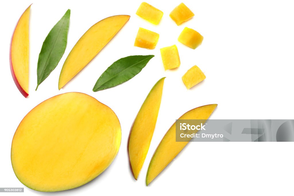 mango slice with green leaves isolated on white background. top view Bright Stock Photo