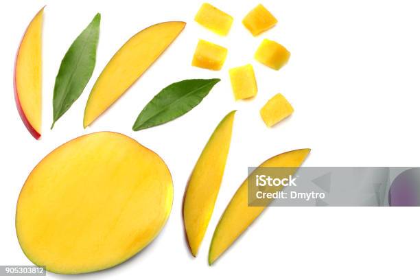 Mango Slice With Green Leaves Isolated On White Background Top View Stock Photo - Download Image Now