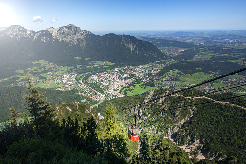 Cable car high above the alpine town of Bad Reichenhall in beautiful Bavaria.