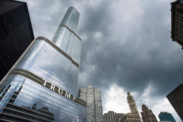 Chicago, Illinois,  United States - June 16, 2017: Trump Tower is a retail, office and residential skyscraper in a downtown of Chicago. The Trump tower is one of the most prominent buildings on the riverwalk in the loop.