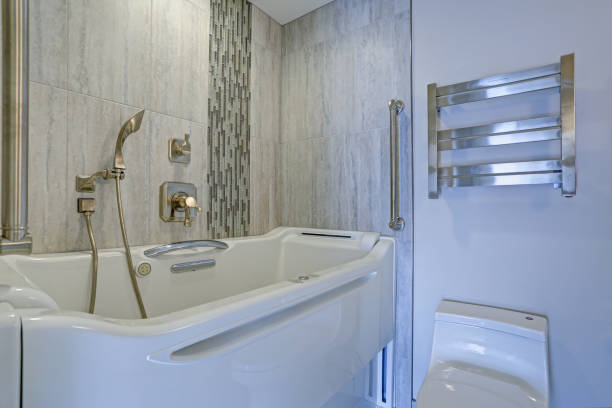 Contemporary bathroom design with hot tub Walk-in Bathtub stock photo