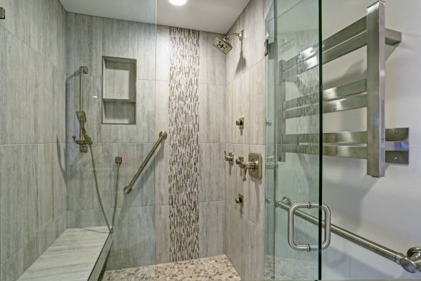 Contemporary bathroom design with walk-in shower. stock photo
