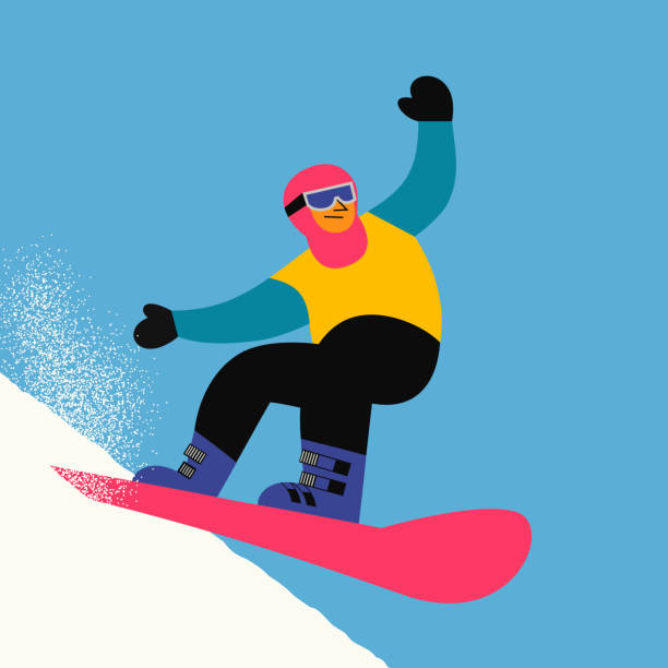 Snowboarding sport icon Snowboarding sport icon. Snowboarder slope on snowy hill. Colorful comic flat cartoon. Winter outdoors extreme sport. Downhill from mountain top. Advertisement active lifestyle banner, flyer template kids snow suits stock illustrations