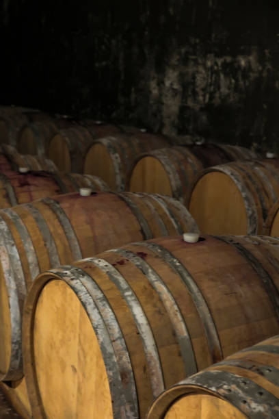 istock Wine barrels drilled in the basement as a background 905328738