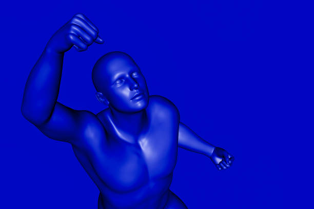 A black faceless male mannequin stands with his legs curled up and his arms outstretched on white background. 3d rendering