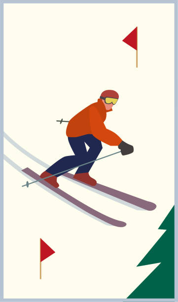 Mountain skiing icon Mountain skiing icon. Skier slope on snowy hill. Pair of skies sign. Simple flat cartoon. Winter outdoors sport. Trace for downhill from top. Advertisement active lifestyle banner, flyer template slopestyle stock illustrations