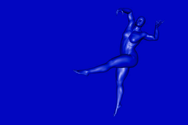 istock 3D render of a female blue cyborg dancing. 905329030