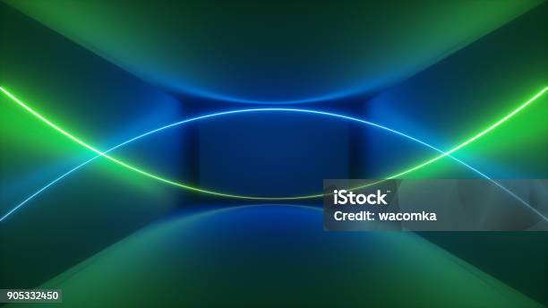 3d Render Laser Show Night Club Interior Lights Green Blue Abstract Fluorescent Background Glowing Curvy Lines Geometric Shapes Stock Photo - Download Image Now