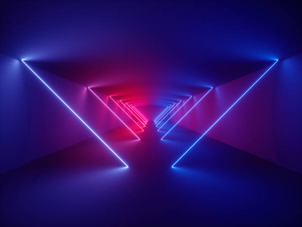 3d render, laser show, night club interior lights, glowing lines, abstract fluorescent background, corridor