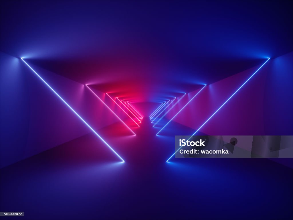 3d render, laser show, night club interior lights, glowing lines, abstract fluorescent background, corridor Abstract Stock Photo