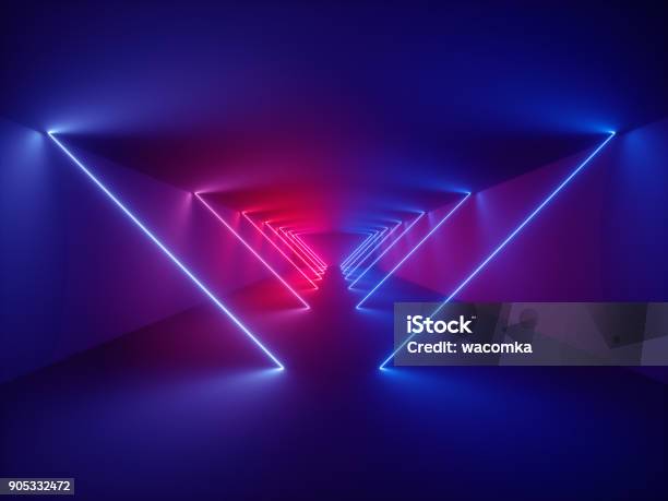 3d Render Laser Show Night Club Interior Lights Glowing Lines Abstract Fluorescent Background Corridor Stock Photo - Download Image Now