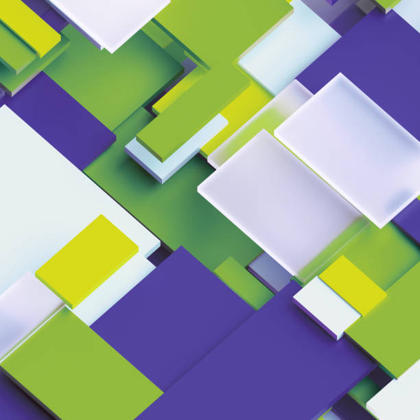 istock 3d render, digital illustration, abstract geometric background, green and violet panels, flat layers, pattern 905332566