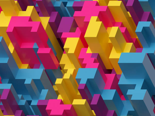 3d рендер, цифровая иллюстрация, розово-желтый синий, красочный абстр�актный фон, voxel шаблон - cube puzzle three dimensional shape block стоковые фото и изображения