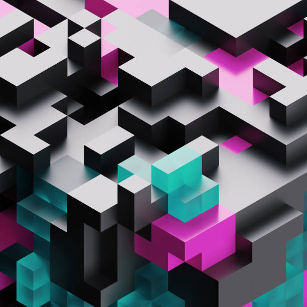 istock 3d render, digital illustration,  black glass abstract background, voxel pattern 905332718