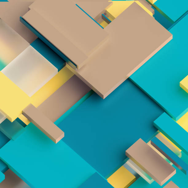 istock 3d render, digital illustration, abstract geometric background, yellow and blue panels, flat layers, stripes, pattern 905332912