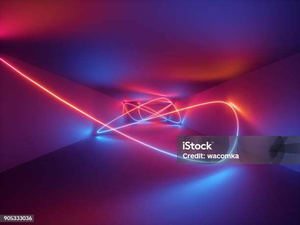 3d Render Laser Show Night Club Interior Lights Red Blue Neon Abstract Fluorescent Background Glowing Curvy Lines Geometric Shapes Stock Photo - Download Image Now