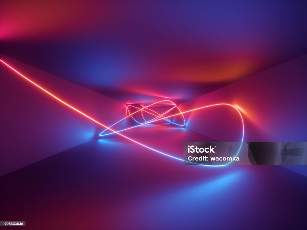 renderização 3D, show de laser, luzes interiores do clube de noite, néon azul vermelho, abstrato fluorescente, incandescentes linhas curvas, formas geométricas - Foto de stock de Luz royalty-free
