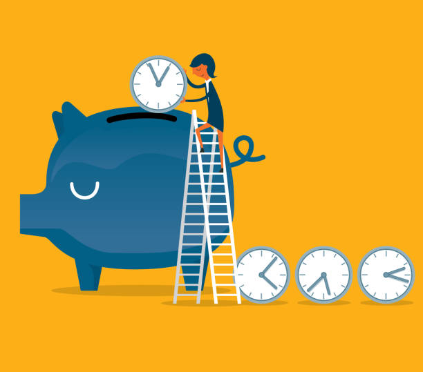 zeit ist geld - geschäftsfrau - bankkonto stock-grafiken, -clipart, -cartoons und -symbole