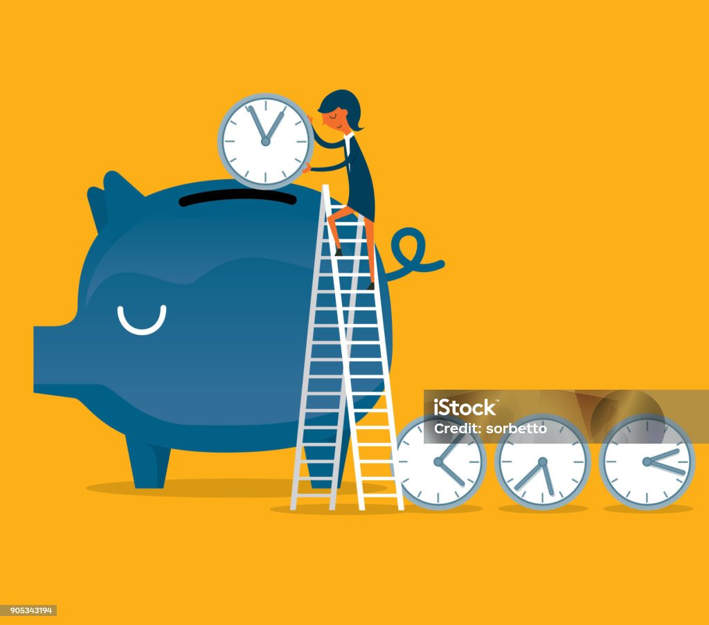 Time is Money - businesswoman Time is Money concept. Piggy Bank Vector Time stock vector