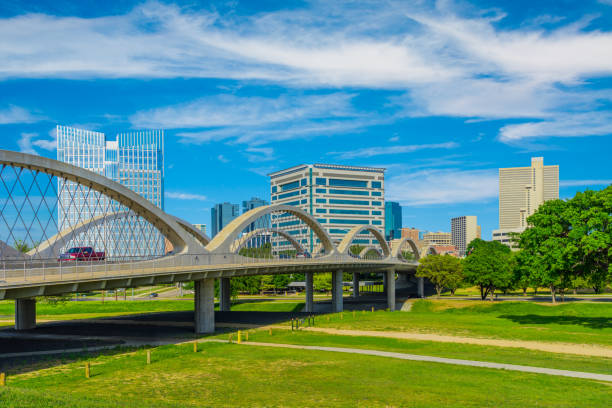 forth worth cityscape skyline au feuillage de printemps, tx (p) - fort worth texas photos et images de collection