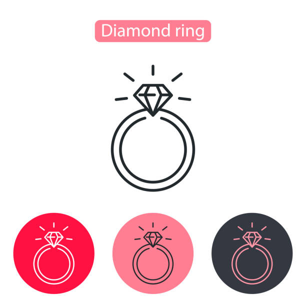 Wedding or engagement ring with diamond. Wedding or engagement ring with diamond. Love symbol, logo sign. Valentine's Day vector illustration. Editable stroke. diamond ring stock illustrations