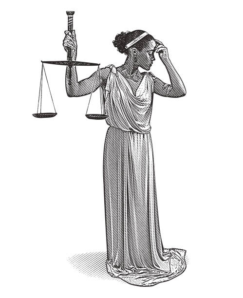 African American Lady Justice with worried expression African American Lady Justice with worried expression supreme court justice stock illustrations