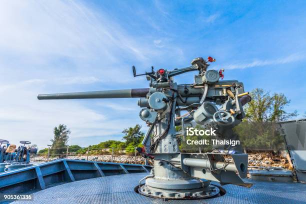 A Shooting Gun On The Battleship Stock Photo - Download Image Now - Aiming, Ammunition, Anchor - Vessel Part