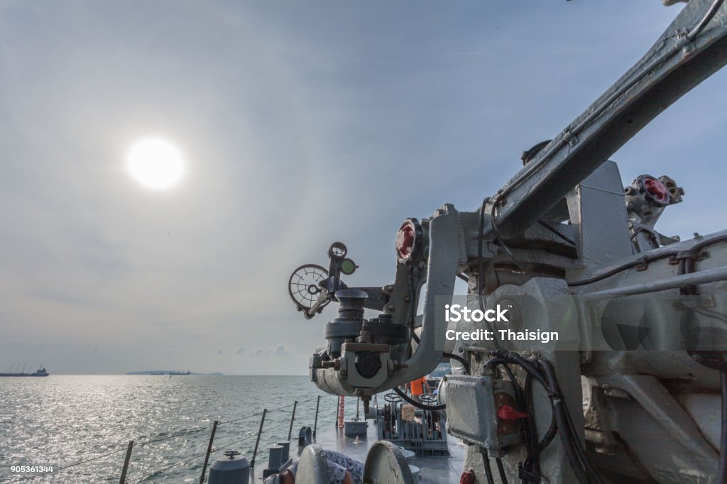 a shooting gun on the battleship The warships have various weapons like a shotgun gun shooting machine aircraft shooting and missiles inside warships have many control room for adjust the shooting Aiming Stock Photo