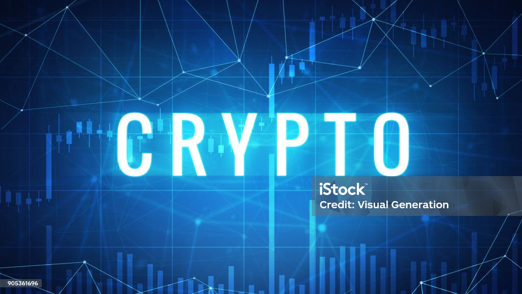 Crypto word on futuristic hud banner Crypto wording on futuristic hud background with cryptocurrency stock market chart and blockchain polygon peer to peer network. Global cryptocurrency business banner concept. Cryptocurrency stock illustration