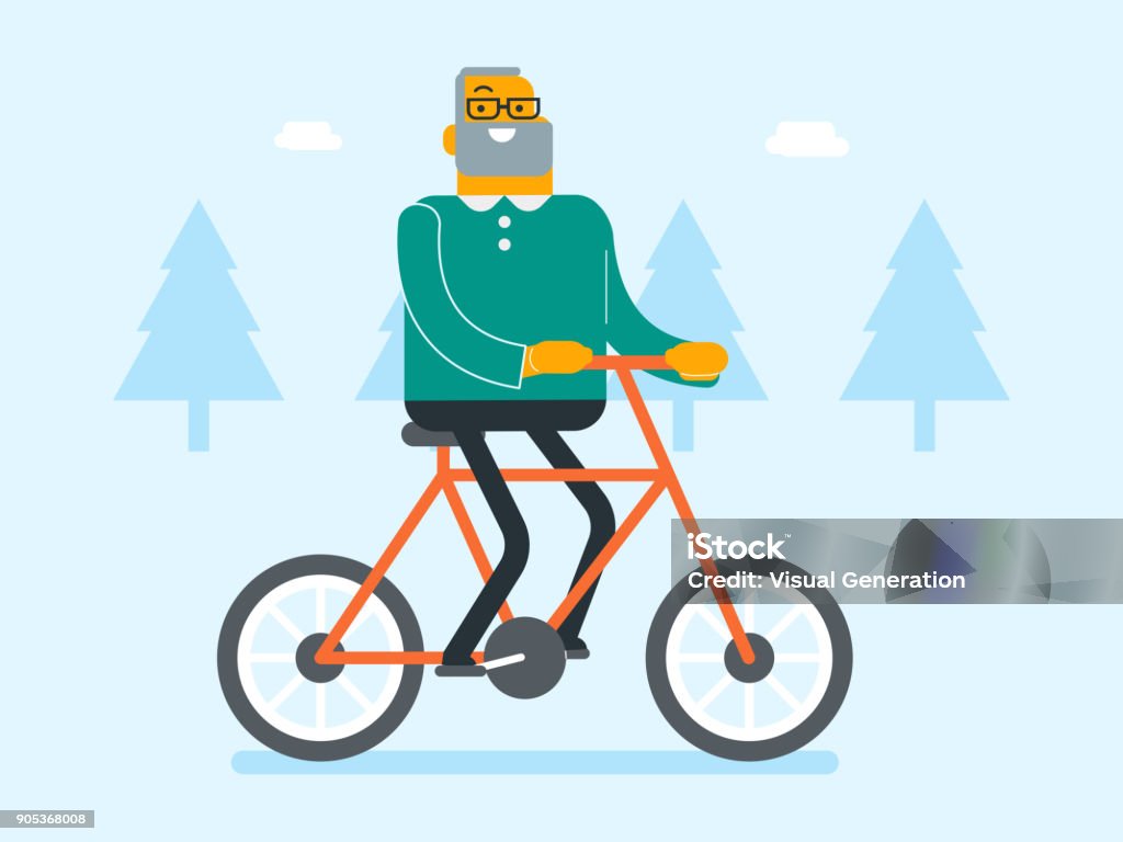 Retired caucasian white man riding bicycle in park Retired caucasian white man riding bike in the park. Senior man riding bicycle outdoor. Active senior man enjoying walk with bicycle. Vector cartoon illustration. Adult stock vector