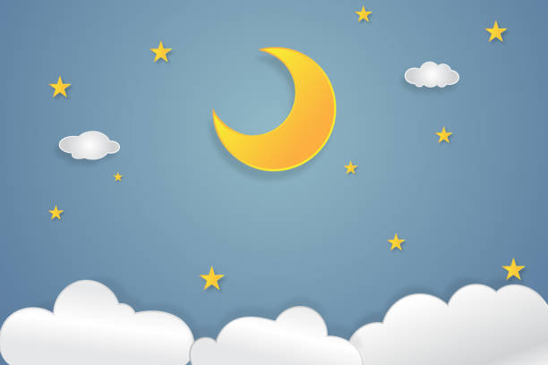 istock Half moon, clouds and stars in the night as paper art and craft style concept. vector illustrator. 905371886