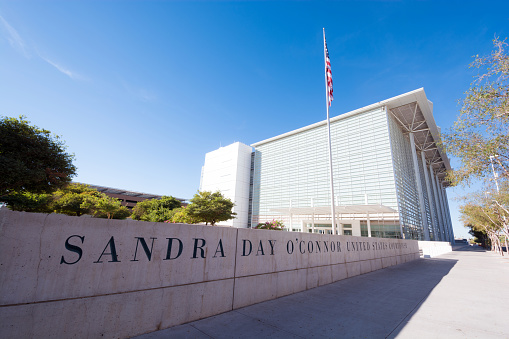 The exterior of the Sandra Day O'Connor United States Courhouse, home to the United States District Court for the District of Arizona, is seen during the daytime in Phoenix, AZ.