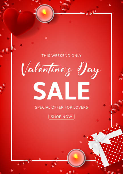 Red Promo Flyer for Valentine's Day Sale Red Promo Flyer for Valentine's Day Sale. Top view on composition with gift box, case for ring, candles and confetti on Red Backdrop. Vector illustration with Seasonal Discount Offer. handing out flyers stock illustrations