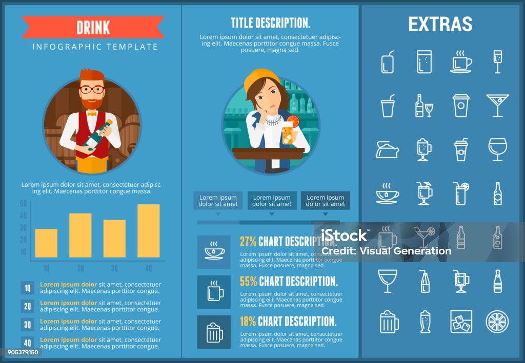 Drink infographic template, elements and icons Drink infographic template, elements and icons. Infograph includes customizable charts, graphs, line icon set with bar drinks, alcohol beverage, variety of glasses, non-alcoholic beverages etc. Alcohol - Drink stock vector