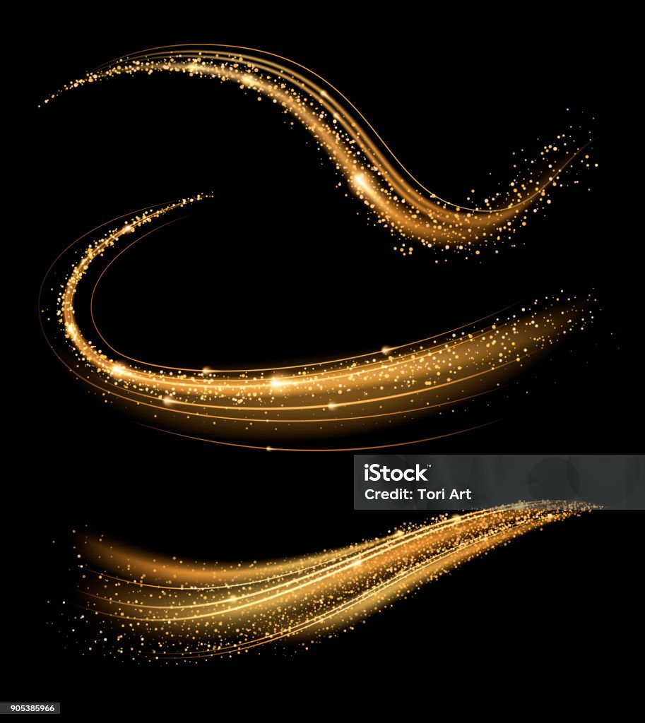 Golden shimmering waves with light effect isolated on black background. Glittering star dust trail. Abstract motion. Magic swirl lines. Christmas stock vector